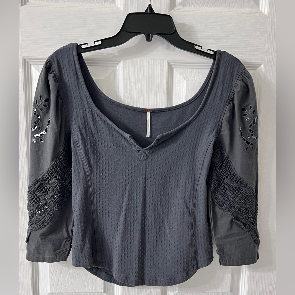 Free People Charcoal Blouse with Lace Sleeves